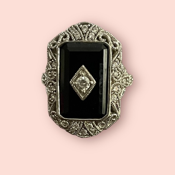 Art Deco style black onyx diamanté crystal sterling silver size 5.0 ring - Picture 9 of 11